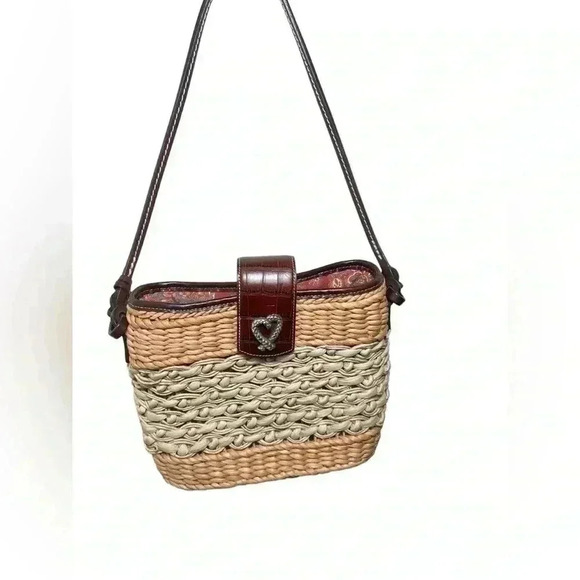 Brighton Basket Weave Straw & Leather Shoulder Bag snap top closure heart charm - Picture 2 of 13